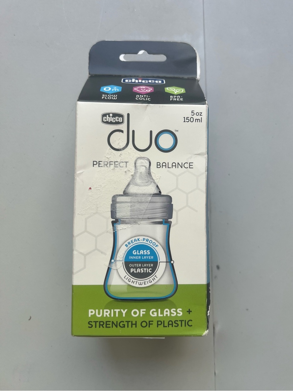 Chicco Duo Hybrid Baby Bottle, Invinci-Glass Inside/Plastic Outside,5oz -Neutral